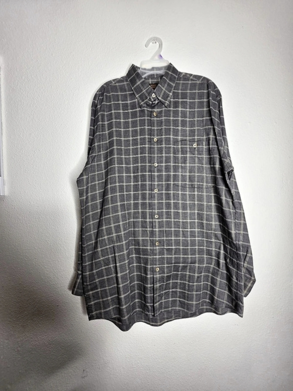 Scott Barber Mens L Gray Windowpane Plaid Woven Cotton L/S Point Collar Pocket